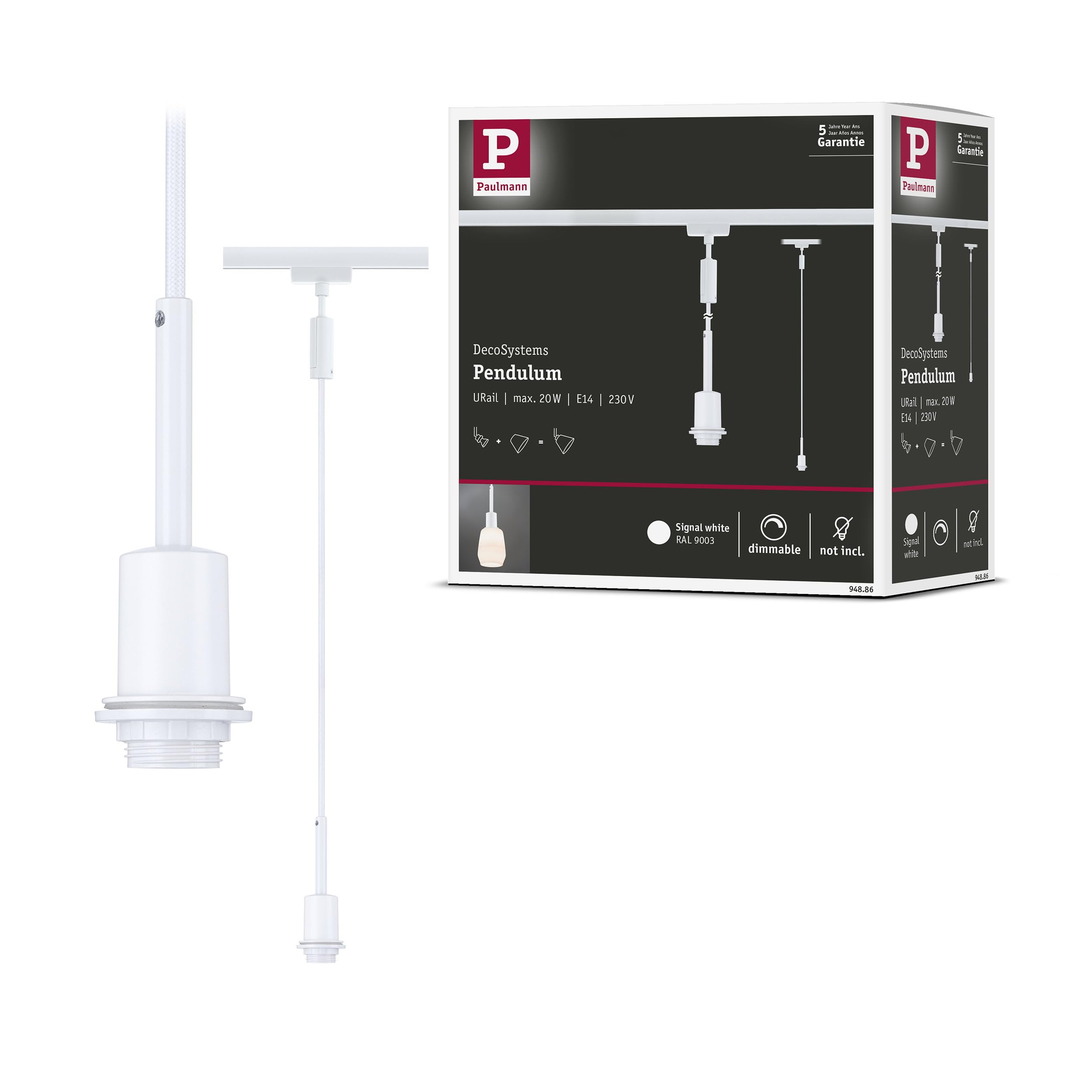 Paulmann 94886 URail Suspension DecoSystems Basic E14 max. 20 W dimmables 230 V Blanc signal système de rail URail - Libre choix de l'ampoule