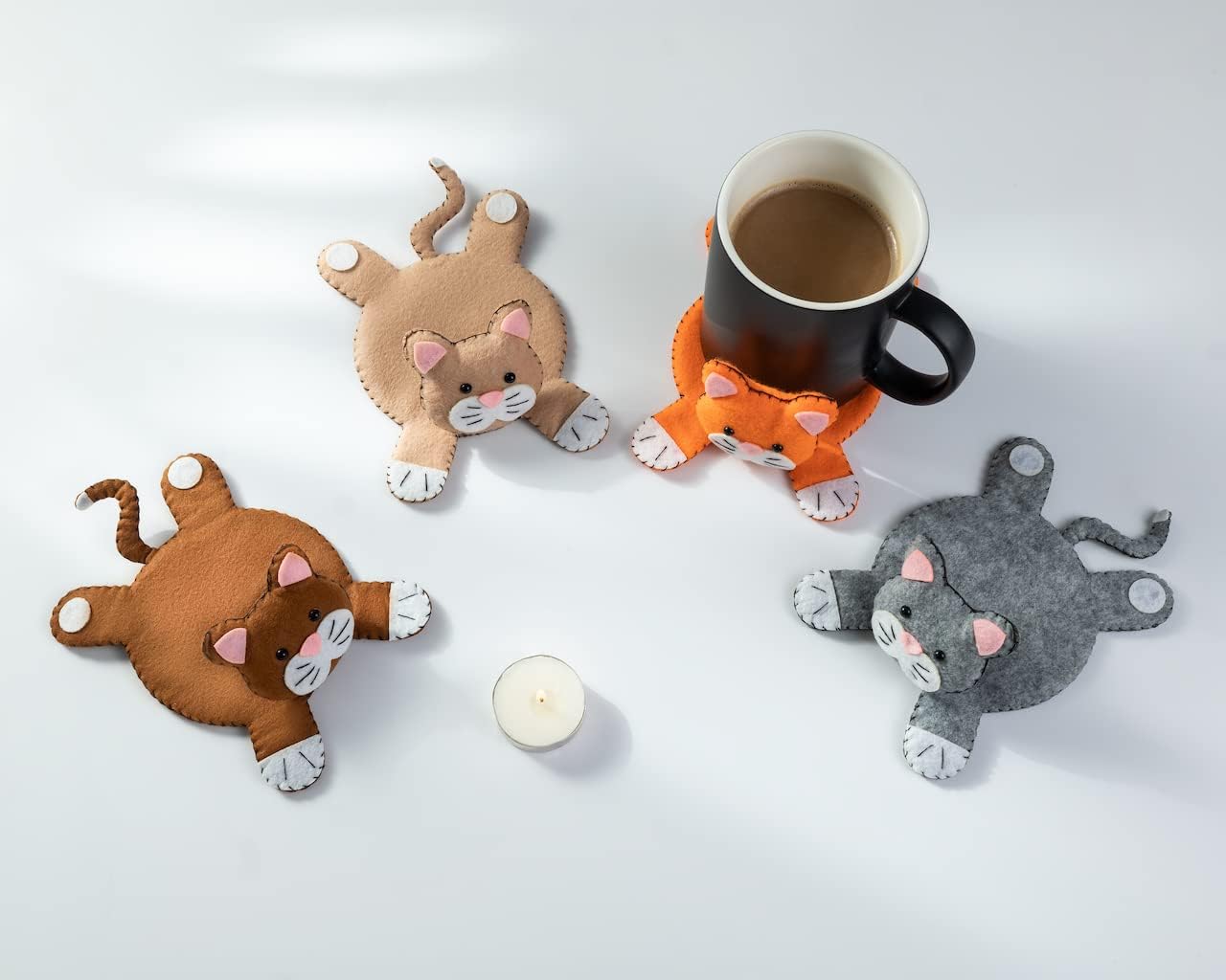 Funny Cat Coasters Set of 4 – Cute Felt Drink Mats for Women, Cat Mom Gift Idea, Animal Lover Decor, Coaster Set for Drinks, Unique Gag Present, Cool Stuff for Her