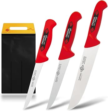 EIKASO Solingen Butcher Knife Set, Slaughter Knife Set, 3-Piece Professional Knife Set Made of Molybdenum Steel, 1.4116, Ice-Hardened with Non-Slip Handle Red, Made In Germany, Large