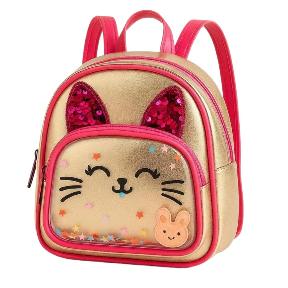 Mochila Infantil Feminina com Estampa de Gatinho Brilhante em Material Resistente para Crianças de 2 a 6 Anos, Uso em Creche e Passeios(DOURADO // GATINHA)