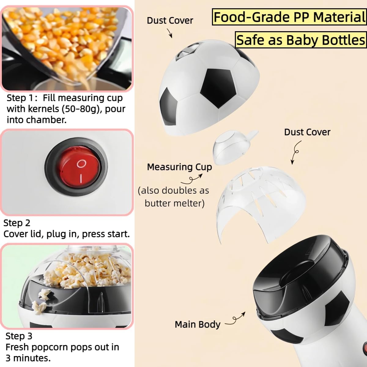 Soccer-Shaped Air Popper Popcorn Maker, BPA-Free Food-Grade Popcorn Machine with Measuring Cup & Butter Melter, Pops in 3 Minutes, Easy-Clean Transparent Lid for Home, Game Night & Party Use