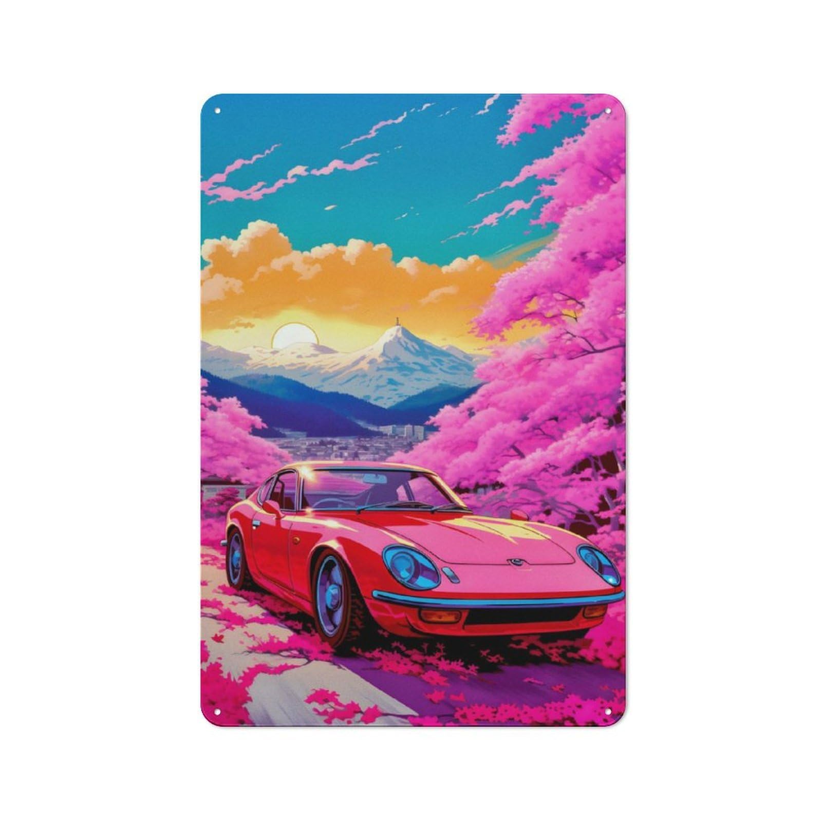 Junmoney Red Cars Pink Cherry Bloss Retro Metal Plaque 30X20cm For Lounge Or Reading Corner, Suited To Lounge Decor Fans