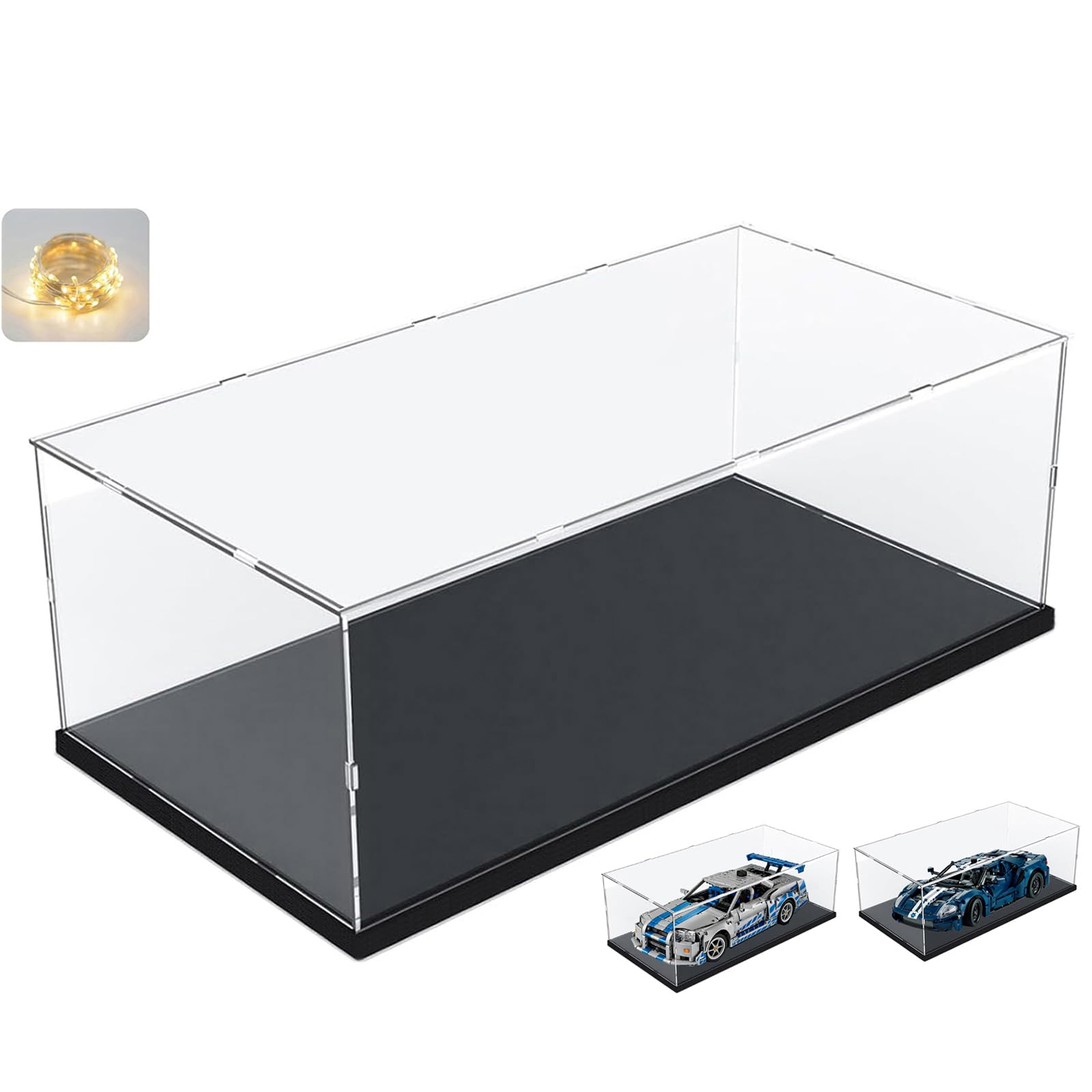 Thickened Clear Acrylic Display Case for Lego 2022 Ford GT 42154 for Lego BTS Dynamite 21339 for Funkos 42669 42160 10300 Collectibles Transparent Box with String Light, Black Inside 17.7x9.8x7.9inch