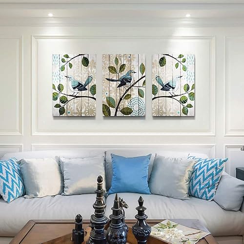 Miniatura 4 de Lienzo abstracto de 3 piezas con diseño de pájaro en la rama, arte de pared para sala de estar, decoración de pared para dormitorio, cocina,