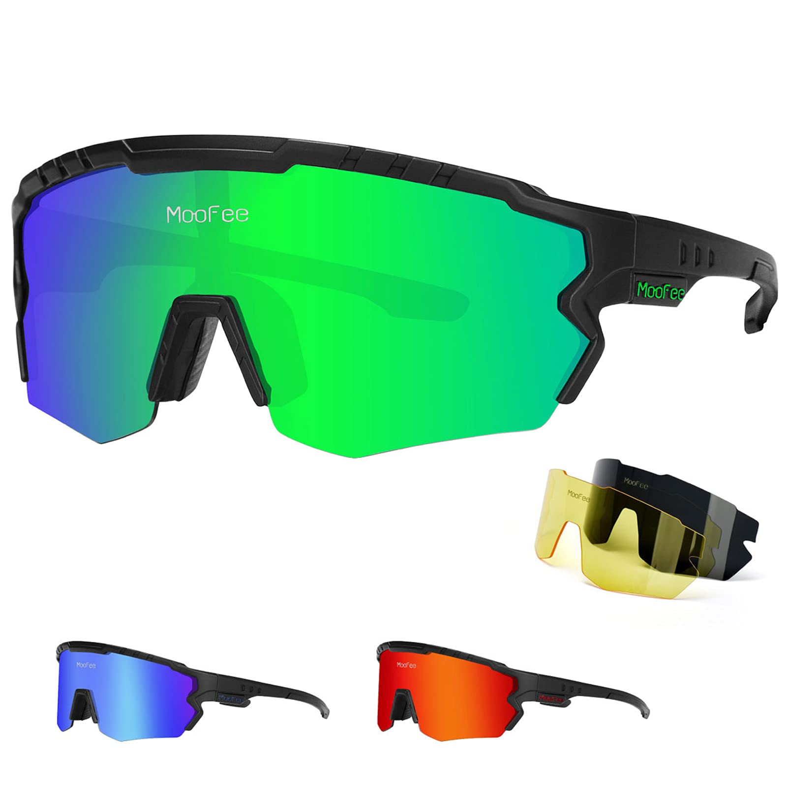 Occhiali da sole sportivi polarizzati con 3 lenti intercambiabili, da uomo e da donna, per ciclismo, guida, ciclismo, corsa, pesca (nero verde)