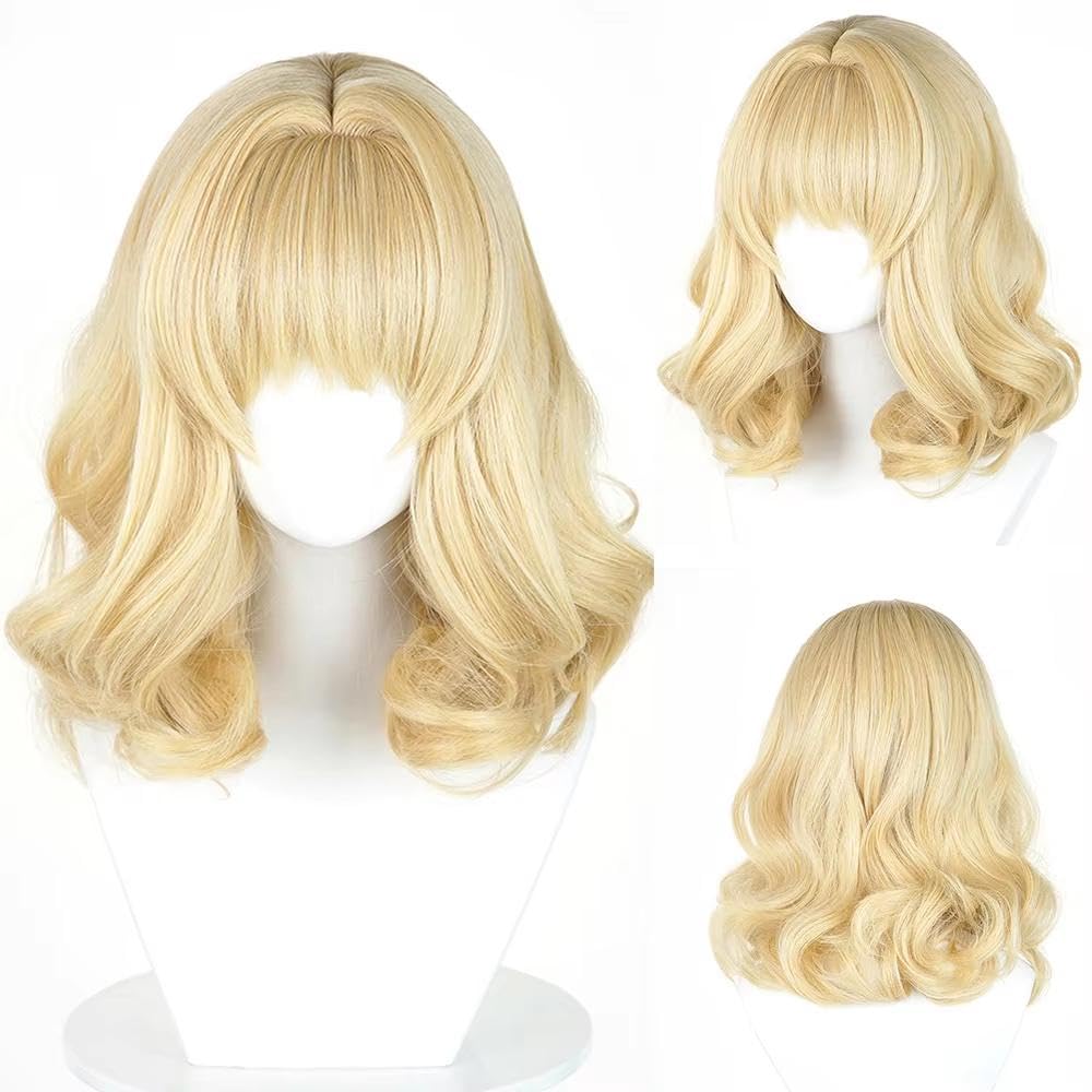 Haarpflege Blonde Kurze Gewellte Perücken Mit Pony Flauschige Hitzebeständige Cosplay-Perücke Für Die Tägliche Party