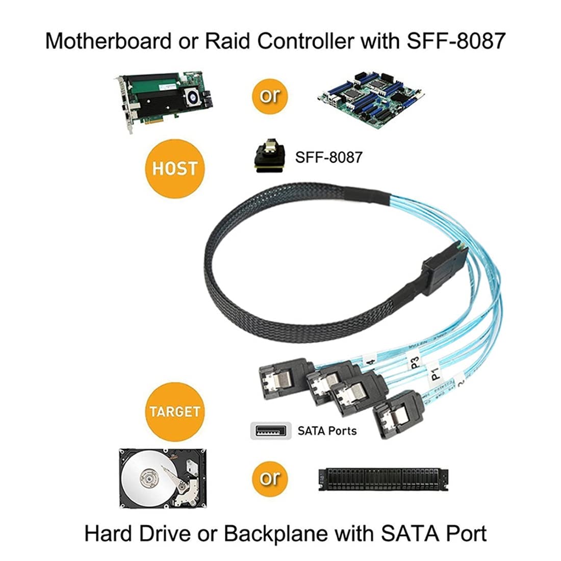 ChenYang CY Mini SAS SFF-8087 36 Pin host interno a 4 SATA 7 Pin disco rigido target 6 Gbps cavo raid server dati 0.5M