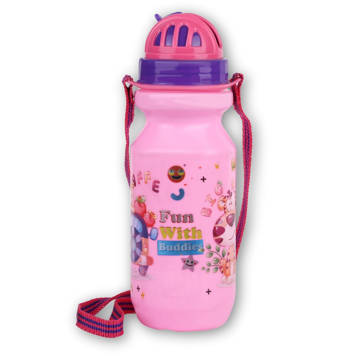 Panchhi Store Water Bottle for School Kids 650ml Plastic Water Bottle for Kids Boys & Girls with Straw Leakproof Bottle for School Picnic Cartoon Print - Pink