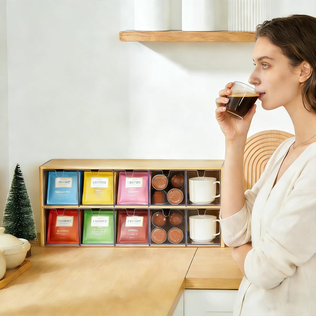 Teebeutel Behälter, Bambus Halterung für Teebeutel, Teebeutelbox, Teebeutel Organizer, Aufbewahrungsbox zur Tee Organizer Für Büro, Küche und Schrank (2 Ebenen)