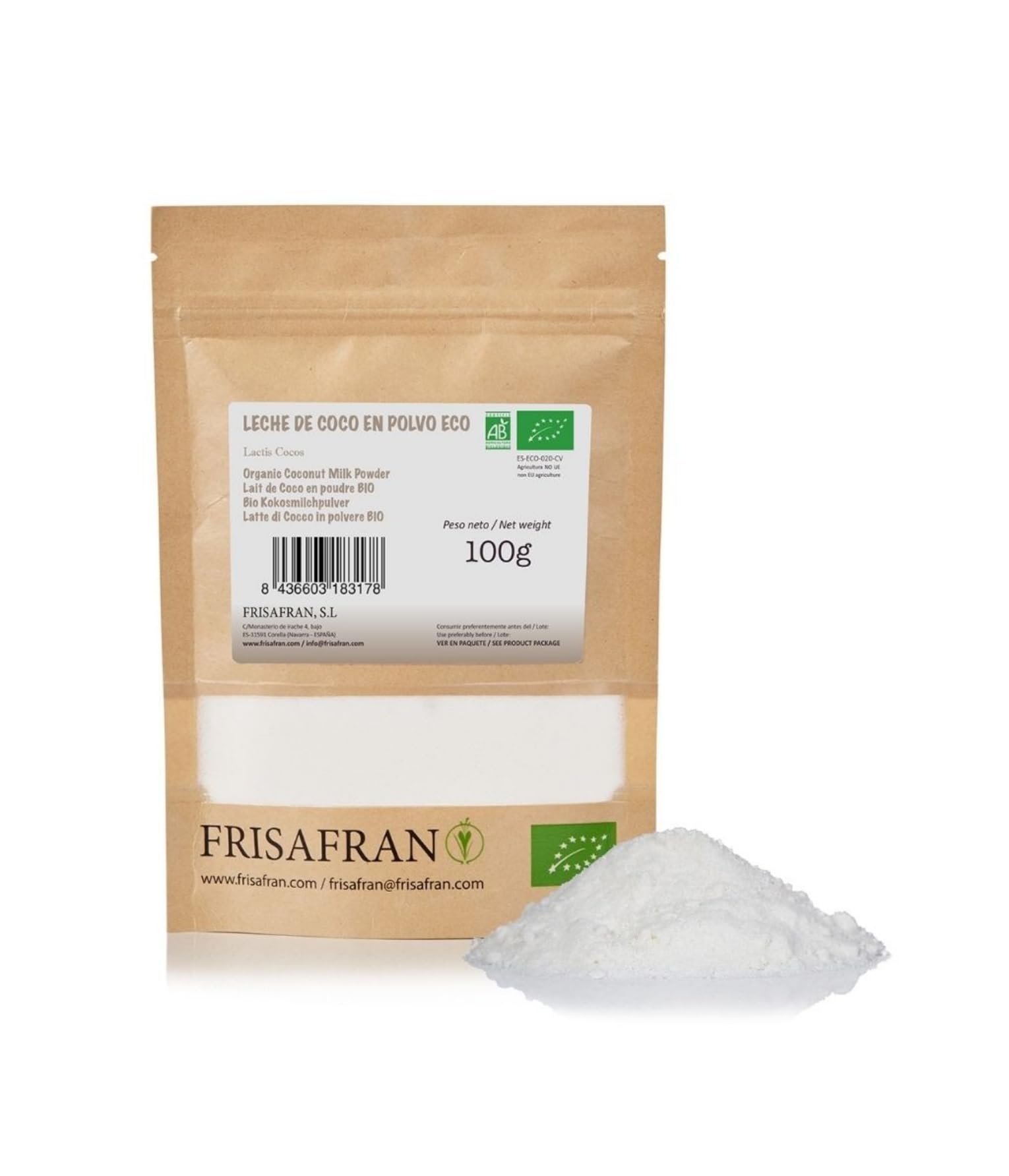 Leche de coco orgánica en polvo 100g Bio sin azúcar sin gluten vegana