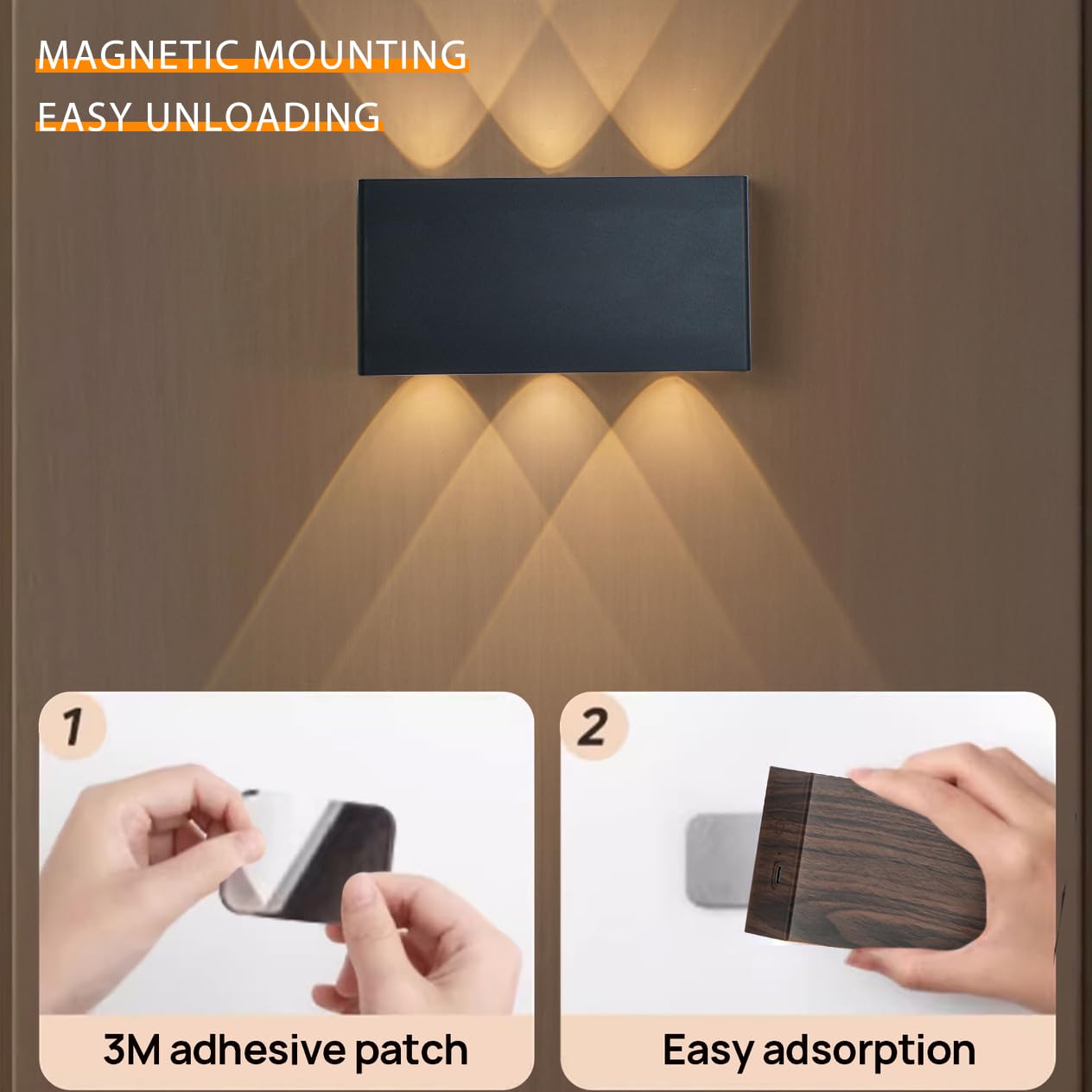 Akku Wandlampe, mit Touch Control Schalter LED Magnetisch Akku Wandleuchte 5200mAh Kabellose Wandlampe 3 Modi Helligkeitsstufen, ideal für Loft Flur Schlafzimmer (2pcs Schwarz)