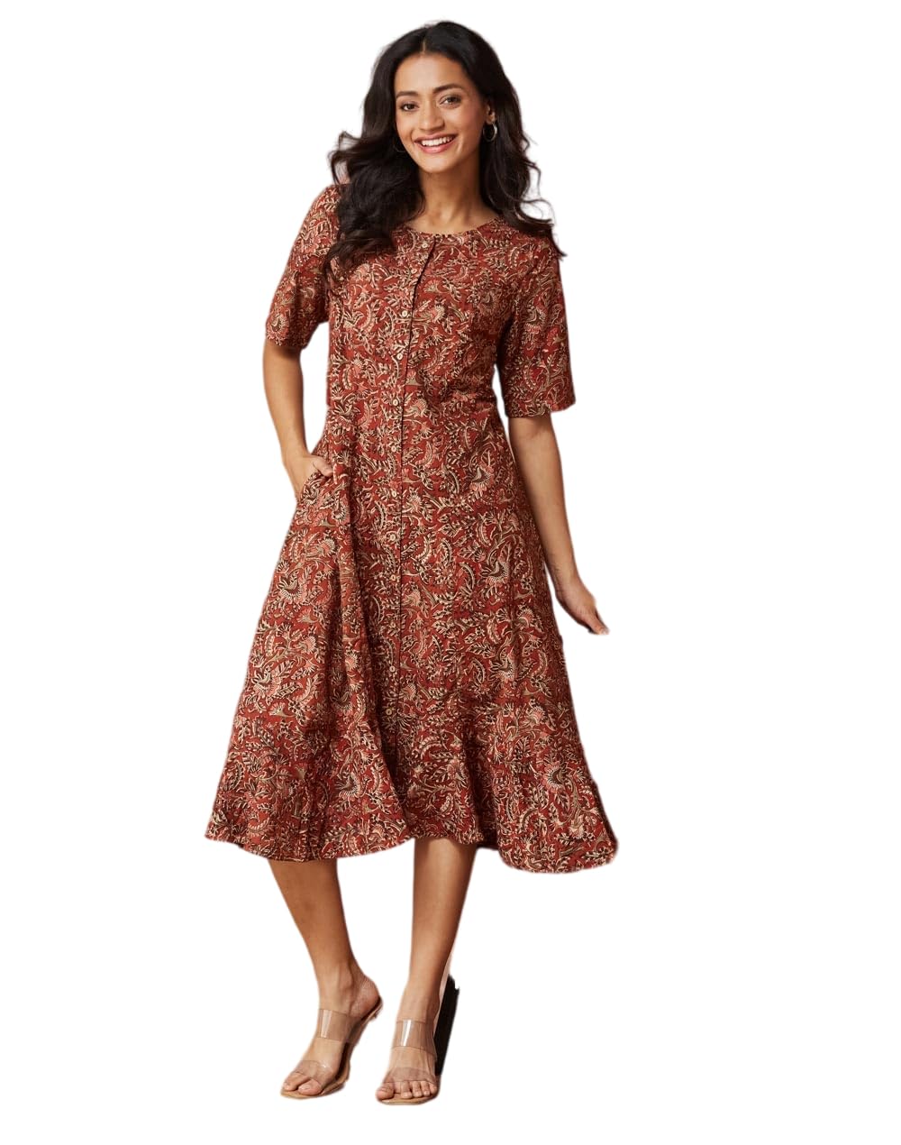 Fabindia Women's Orange Cotton Kalamkari Printed Midi Dress 1037628Rust_Rust