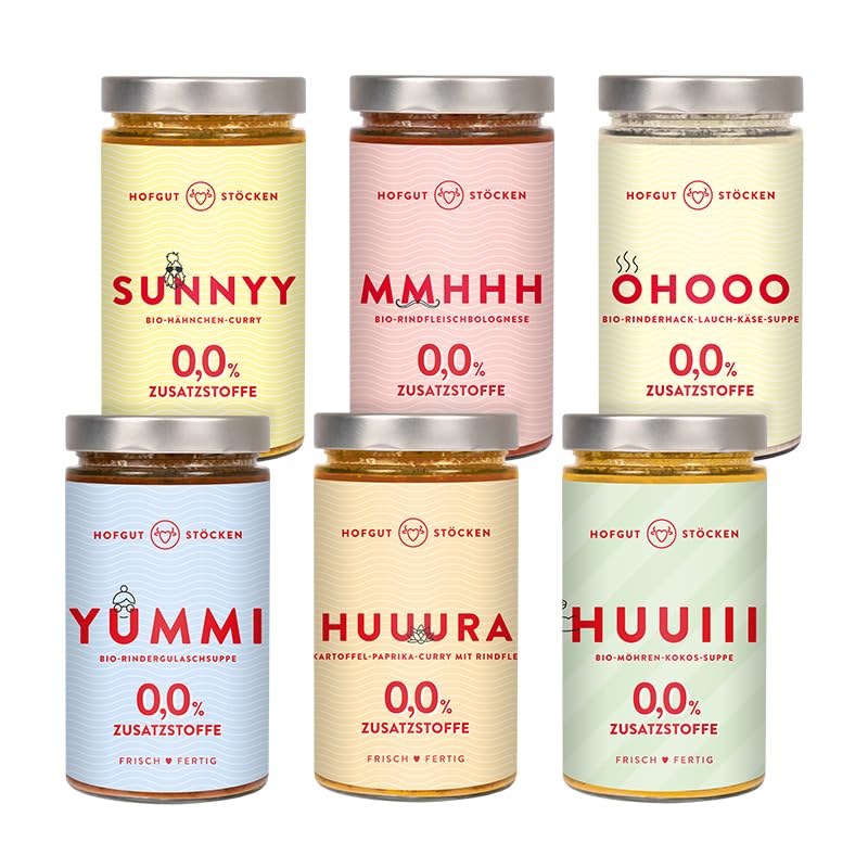 Hofgut Stöcken | Genießerpaket "GLUTENFREI" vom Testsieger | 6x 620ml Bio-Fertiggerichte im Glas |Bolognese|Gulasch-Suppe|Lauch-Käse-Suppe|Hähnchen-Curry |Möhren-Kokos