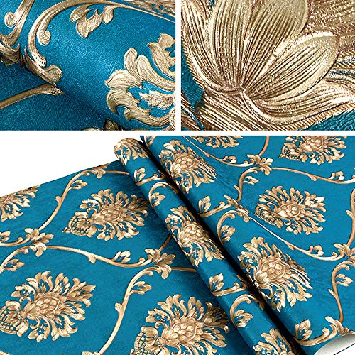 Retro Simplicity 3D Fine Embossed PVC Wallpaper European Damasks Bedroom Living Room TV Background Wall Shop Decoration Clothing Store Studio Coffee Shop Hotel 1.73'W x 32.8'L Non-Pasted (Cyan) - Image 2