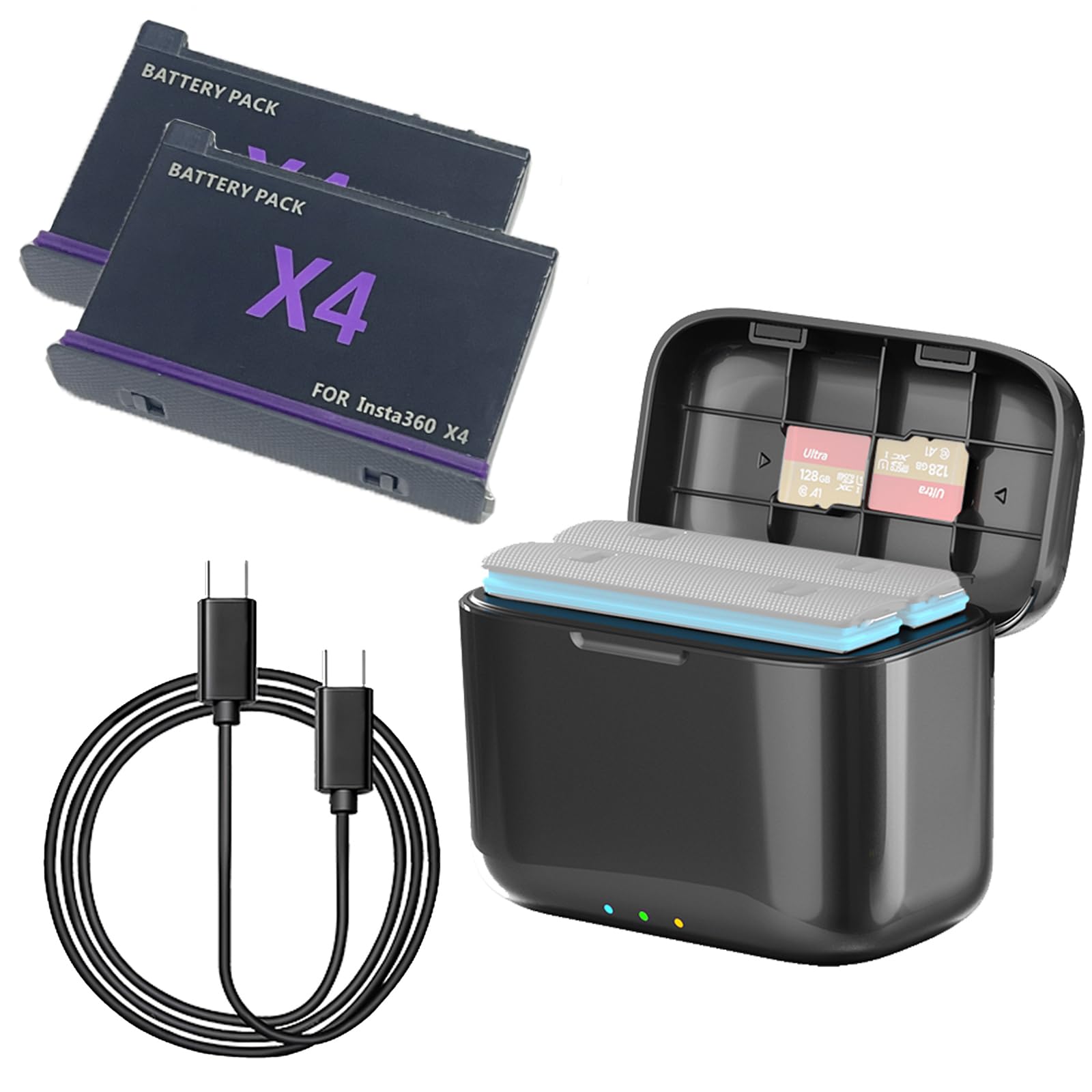 Doppio caricabatterie + 2 batterie 2380 mAh per Insta360 X4 Smart Caricabatterie rapido cavo USB tipo C PD3.0 PD2.0 - Organizer per schede SD coperchio magnetico stazione di ricarica