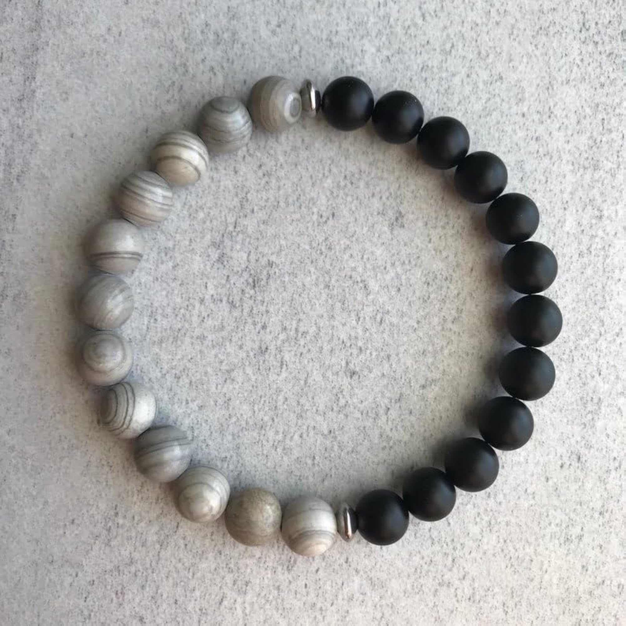 Natural Matte Onyx & Gray Banded Jasper 8mm Round Bead Stretchable Bracelet, Unisex