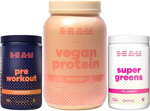 BEAM be Amazing - Paquete de mezcla de polvo  Super verde con enzimas digestivas, limonada rosa  Pre-entrenamiento con cafeína totalmente natural,