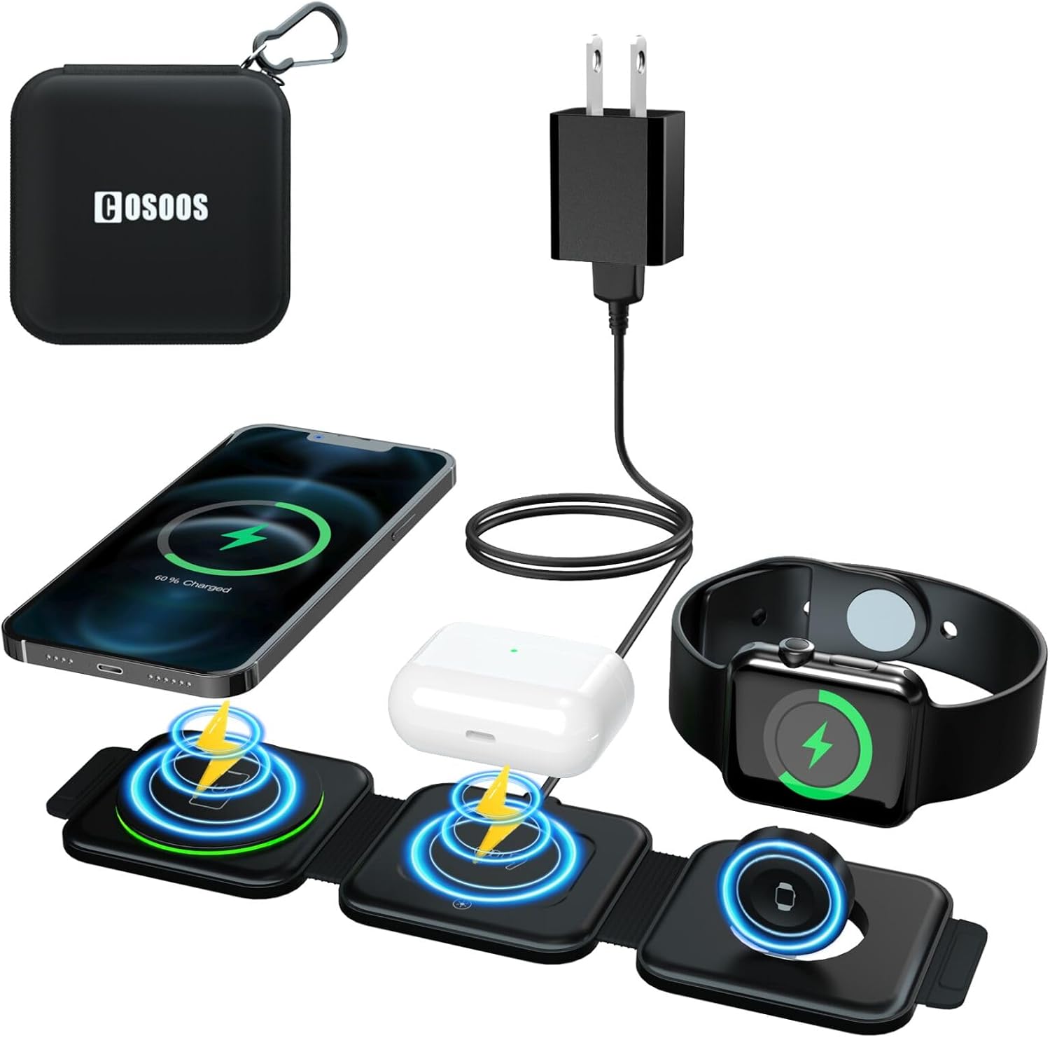 COSOOS 3in1 Magnetic Wireless Charger for iPhone 16 Pro Max,16 Pro,16,15,14,13,12,iWatch, Airpods 4,3,Pro, Foldable Travel Wireless Charging Station for Apple Device,Carry Case & Fast Adapter Included