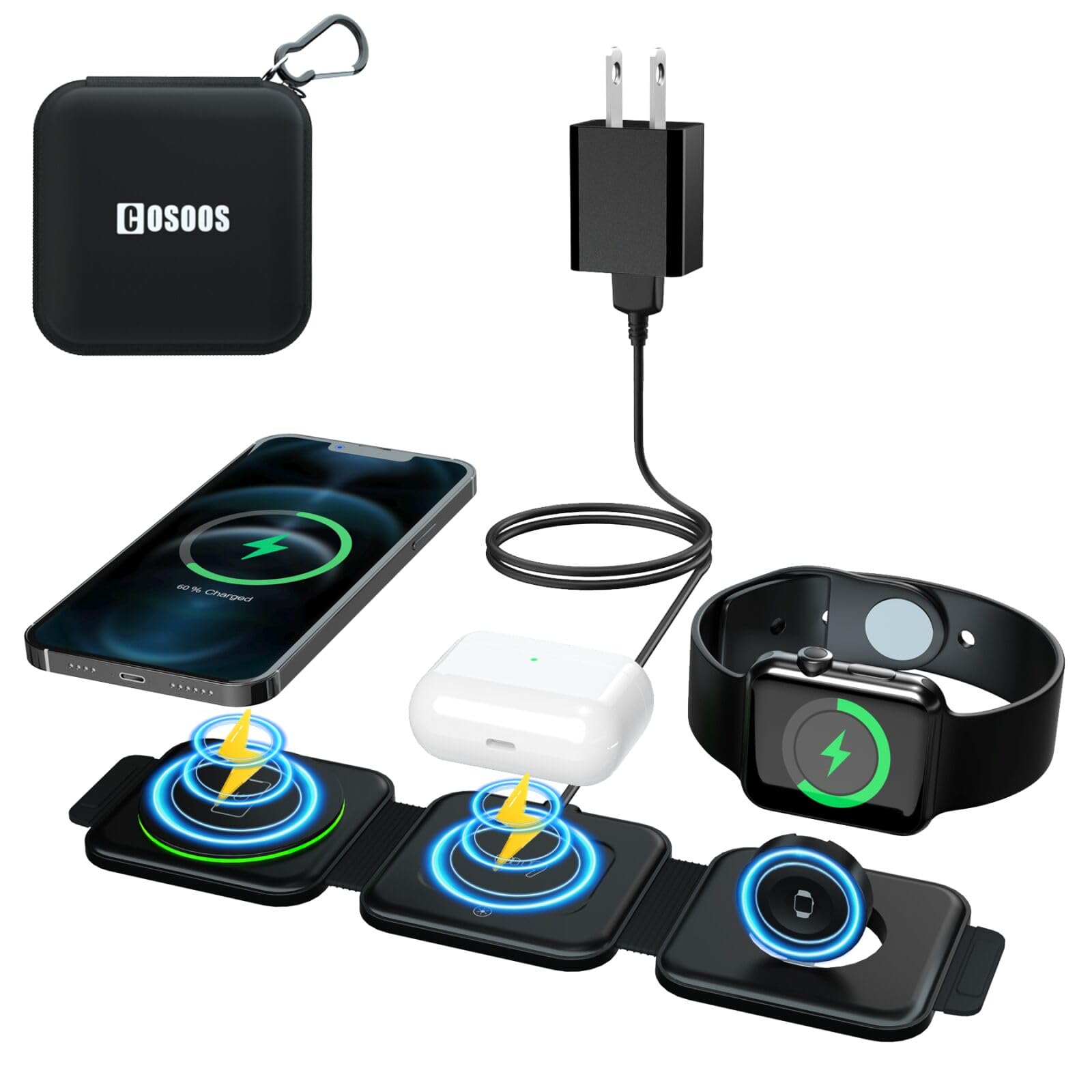 COSOOS 3in1 Magnetic Wireless Charger for iPhone 15 Pro Max, 15 Pro, 15,14,13,12, iWatch, Airpods Pro, Foldable Travel Wireless Charging Station for Apple Devices, Carry Case & Fast Adapter Included