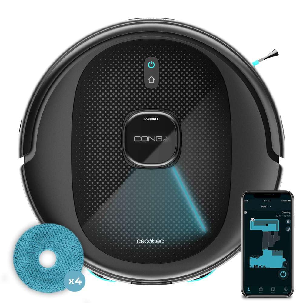 Cecotec Robot Aspirador Conga 9590 Spin Revolution Ultra Power Navegación Láser Inteligente, 10.000 Pa, Máx 240 min autonomía, Mopas giratorias. Cepillo de Silicona, Óptimo para Pelo de Mascotas
