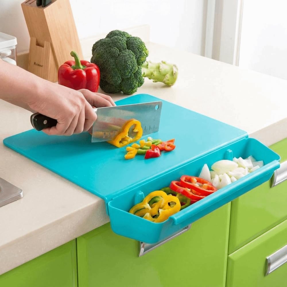 Plastikowa deska do krojenia z otworem i pojemnikiem, wielofunkcyjna antypoślizgowa deska do krojenia warzyw do kuchni i na piknik, łatwa do czyszczenia, trwała konstrukcja