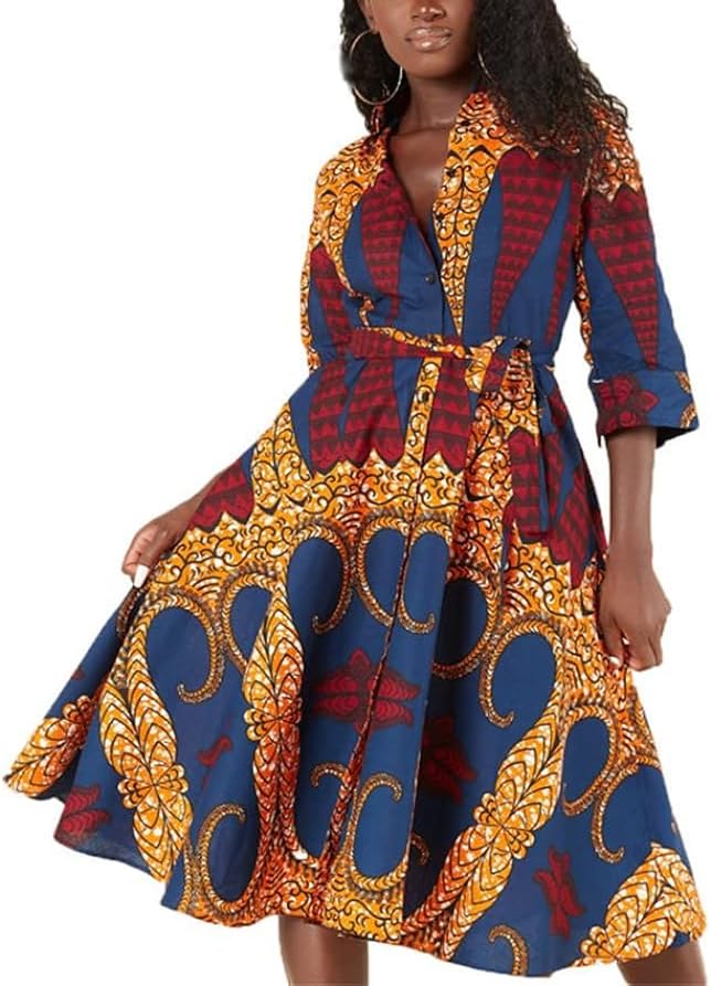 Robe Dashiki femme manches 3/4 imprimé africain coloré pour sublimer la silhouette
