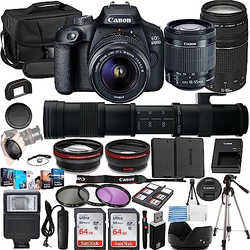 Canon EOS 4000D/Rebel T100 Vlogger Kit:EF-S 18-55mm,EF 75-300mm & 420-800mm Lenses,128GB Memory,Tripod,3 Piece Filter Kit,Gadget Bag,Remote Shutter,USB Card Reader & Software Package (Renewed)