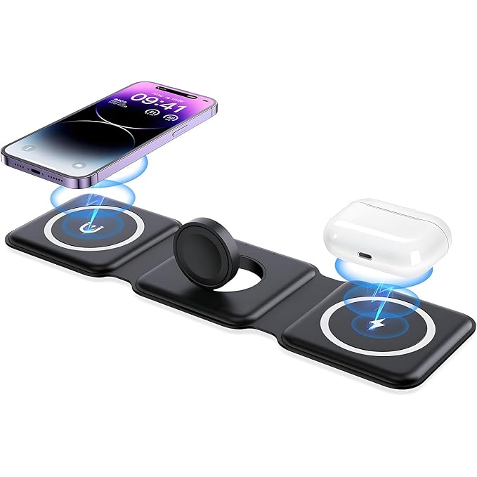 LIRAMARK WC01 3in1 Foldable 23W Magnetic Wireless Fast Charging Stand Compatible with Apple iPhone Magsafe/Samsung/iWatch/Airpods and All Phones with Wireless Charging Support (Black)