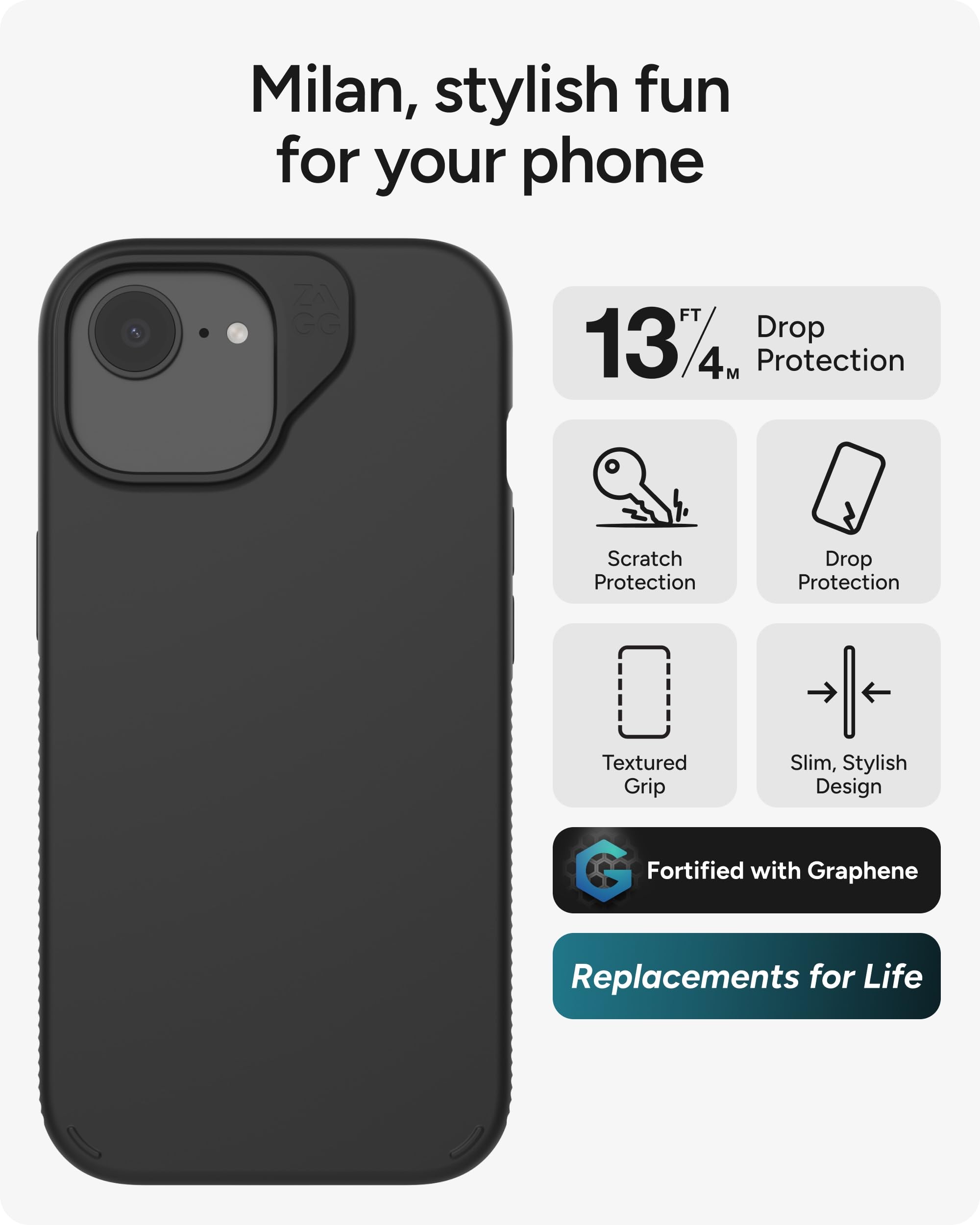 ZAGG Milan Custodia per iPhone 17 / 16 / 15 / 14 / 13 - Sottile ed elegante, protezione contro le cadute da 4 m, rinforzata con grafene, presa sicura, materiale riciclato all'84%, colore: nero