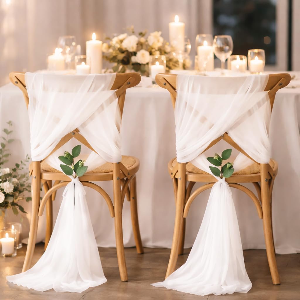 16 Stück Stuhlhussen Hochzeit Weiß 26x240cm – Chiffon Stoff Stuhlschleifen Stuhldeko Tüll Stuhlschärpen Kirche Bankreihe Hochzeit Party