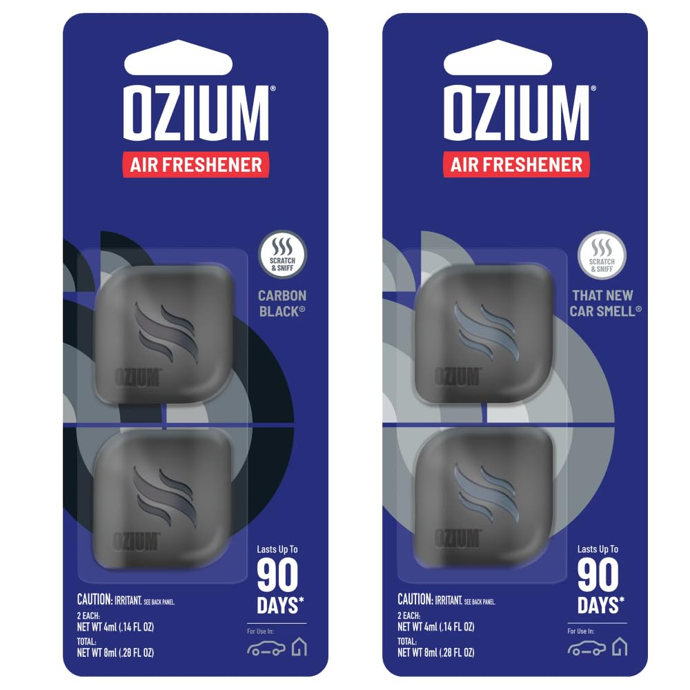 Ozium Membrane Car Vent Clip AC Air Fresheners Car Air Freshener and Car Odor Eliminator (2 Packs That New Car Smell + 2 Packs Carbon Black, 4 Packs Combo Kit)