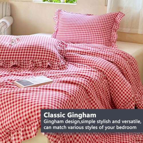 Image of NSNLGSGC Red Ruffle Gingham Comforter Set Queen, Pre-Washed Ruffled Plaid Checked Comforter Bedding, 3 Pieces Vintage Farmhouse Grid Bedding Set(Red Gingham, Queen)