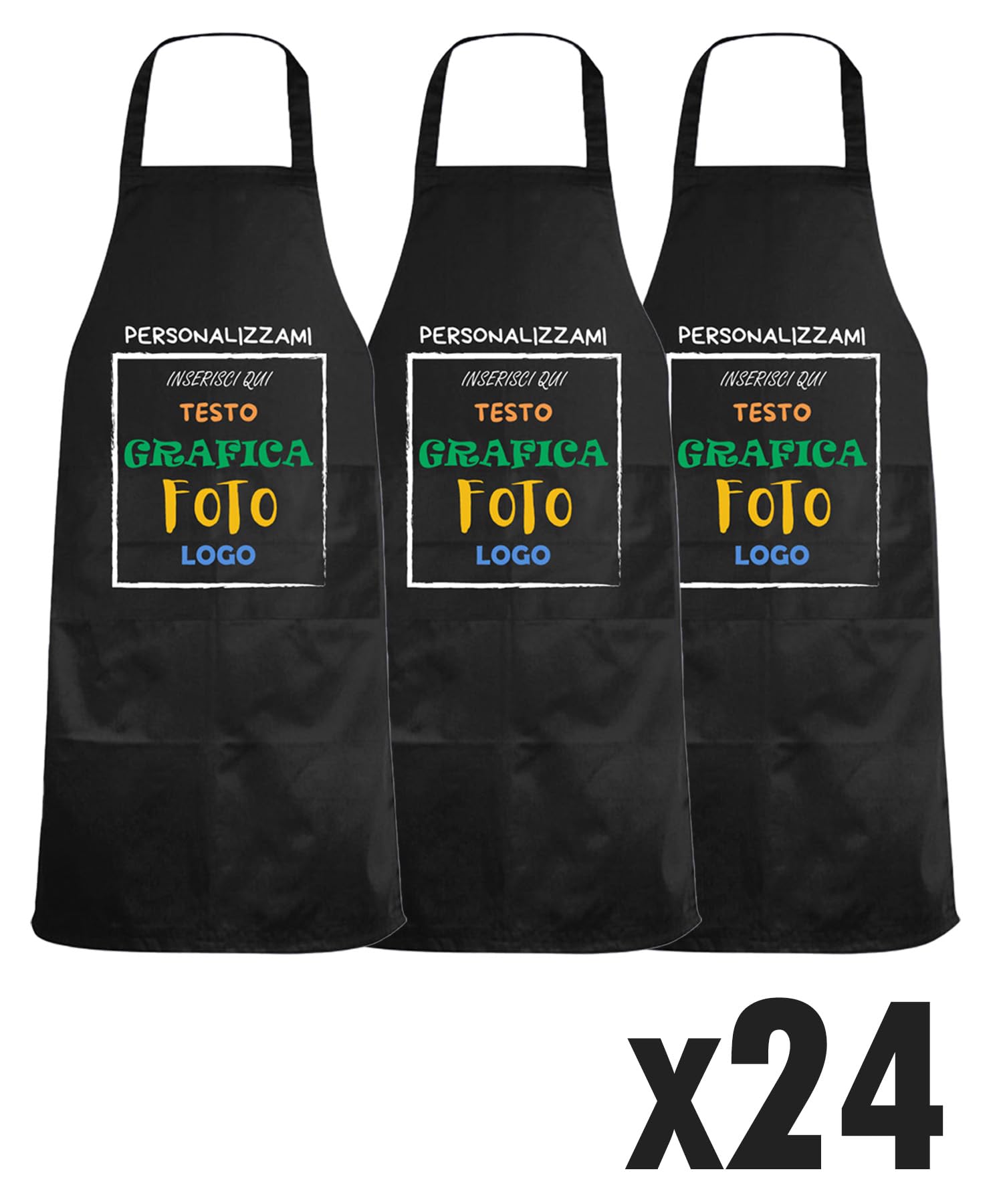 fratelliditalia.org KIT 24 grembiuli paravanti con tasca PERSONALIZZAZIONE INCLUSA Bianco -Nero -Rosso - Verde - Giallo Misura 82 X 60