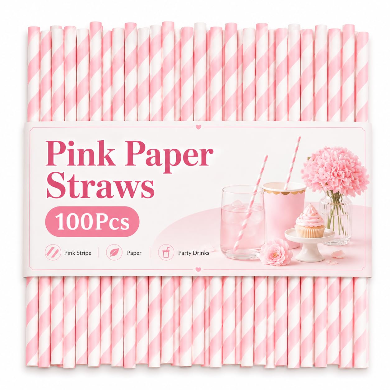 Photo 1 of 100 Pack Pink and White Striped Paper Straws, Biodegradable Disposable Drinking Straws for Smoothies, Milkshakes, Lemonade, Birthday, Baby Shower and Party Decorations