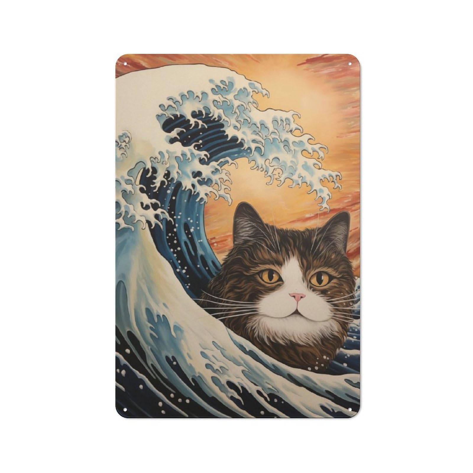 Junmoney Cat In Japanese Wave Metal Sign 30X20cm With For Workshop Wall, Rustic Decor, For Collectors Decorating Workshops And Hobby Rooms
