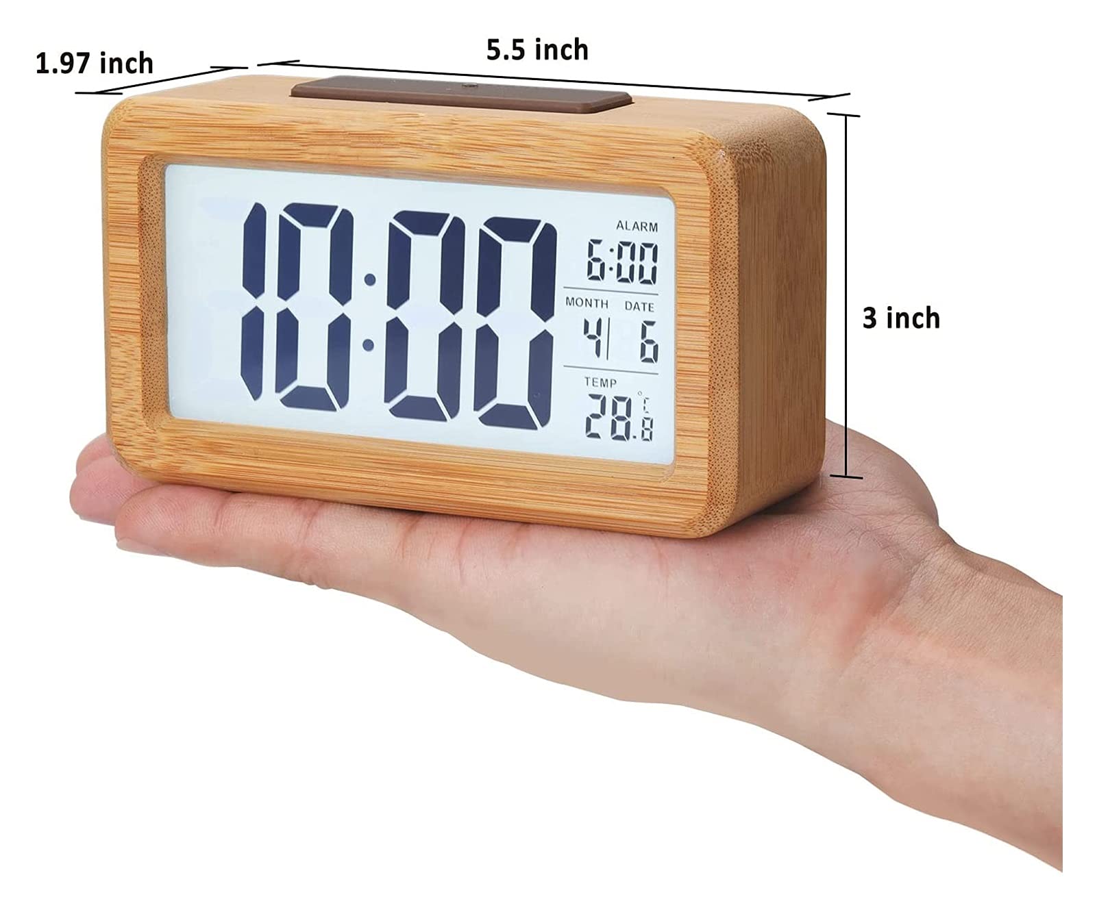WTL Despertador Reloj de alarma digital de madera, grande DIRIGIÓ Mostrar reloj de alarma de grano de madera, sensor inteligente Luz de noche, snooze y temperatura, Operado por batería, Reloj desperta