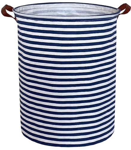 Essme Kids Laundry Hamper,Boys Laundry Basket,Collapsible Bule Storage Basket With Waterproof Pe Coating,Canvas Fabric Nursery Hamper For Kids Room Decor,Toy Storage,Gift,Baby Clothing.(Navy Blue Stripes) #TOP4