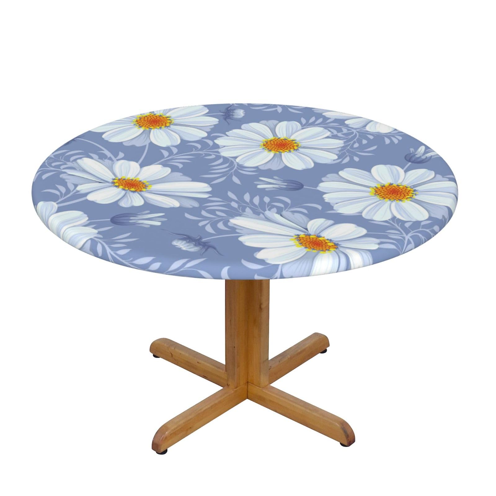 ESNAIUVCD Blue print Waterproof Round Tablecloth,Outdoor Table Cloth with Elastic Edged, Elastic Tablecloth Wipeable, Garden Table Cloth Suitable for sizes 90cm-140cm