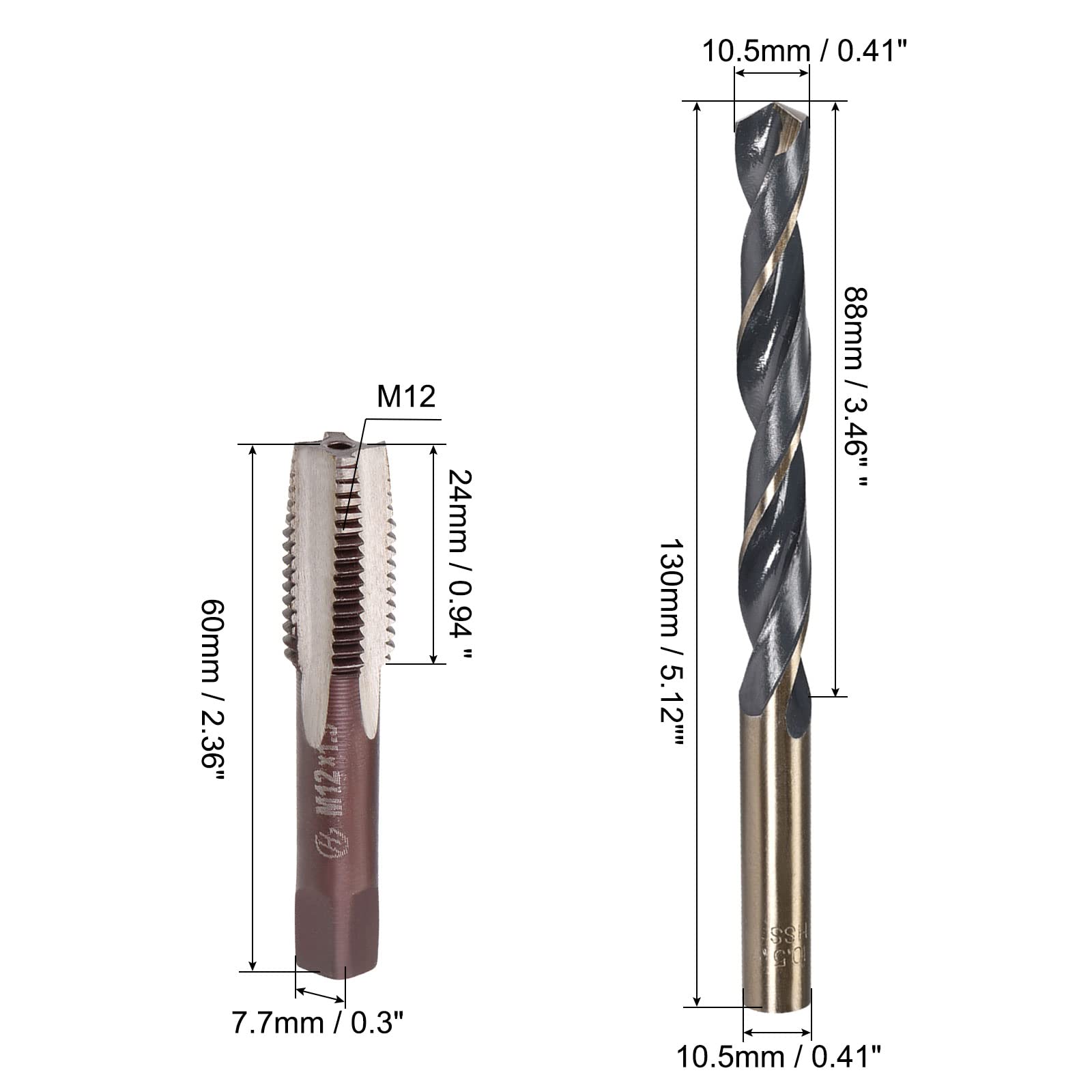 uxcell 1 Pair Metric Hand Tap M12 Thread 1.5 Pitch 4 Straight Flutes H2 Alloy Tool Steel,Straight Shank Twist Drill Bits 10.5mm HSS 4341 with 10.5mm Shank
