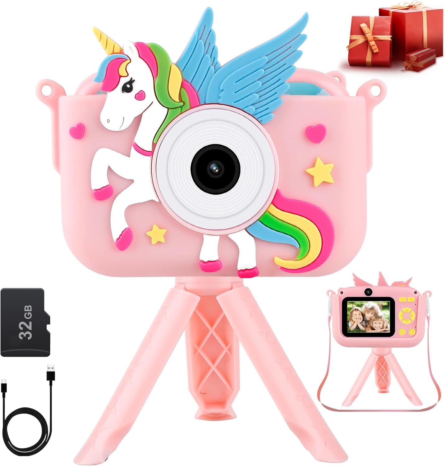 Kids Camera, Toddler Camera with 32GB SD Card & Tripod, 2.4 Inch Portable Toy Camera 1080 HD Digital Video Camera for Boys Girls Christmas Birthday Gift Timelapse Camera with Silicone Cover