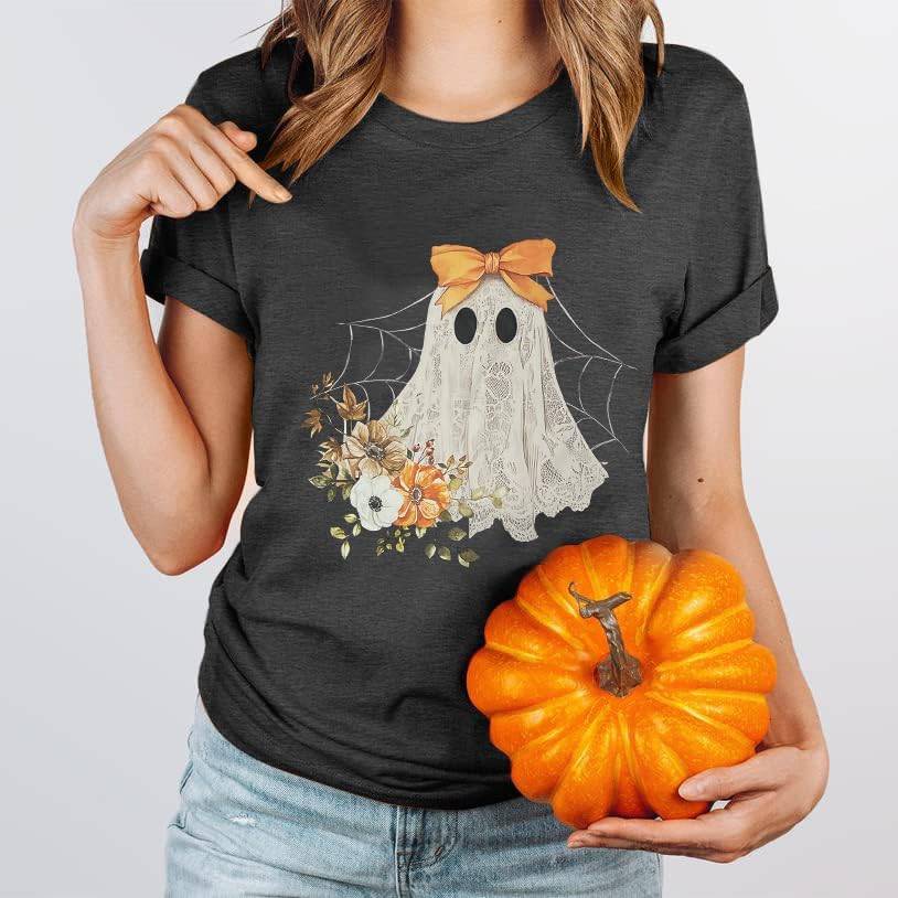 Halloween Shirts for Women Halloween Ghost T-Shirt Bow Ghost Graphic Tees Casual Spooky Season Tee Tops - Image 4