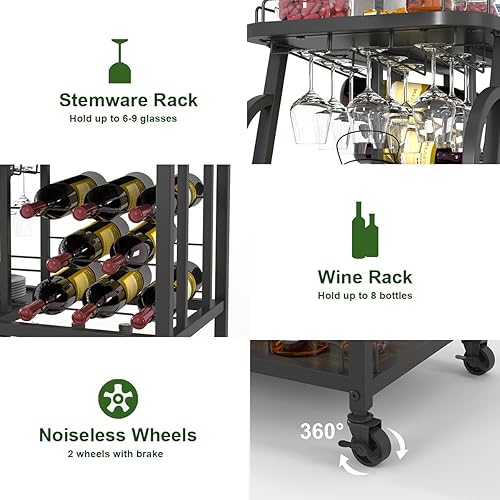 Miniatura 4 de Aubtik Carrito de bar rústico con ruedas, carrito de servicio industrial con estante para vino y soporte para vidrio, carrito móvil de bebidas para