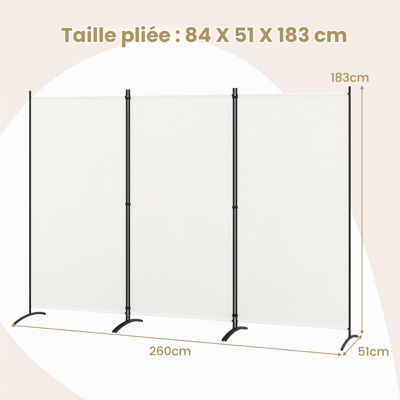 GIANTEX Cloison à 3 Panneaux Autoportante, Paravent Pliable avec Charnières Résistantes en Acier pour Salon, Bureau 260X183CM, Noir/Blanc/Gris/Marron (Blanc)