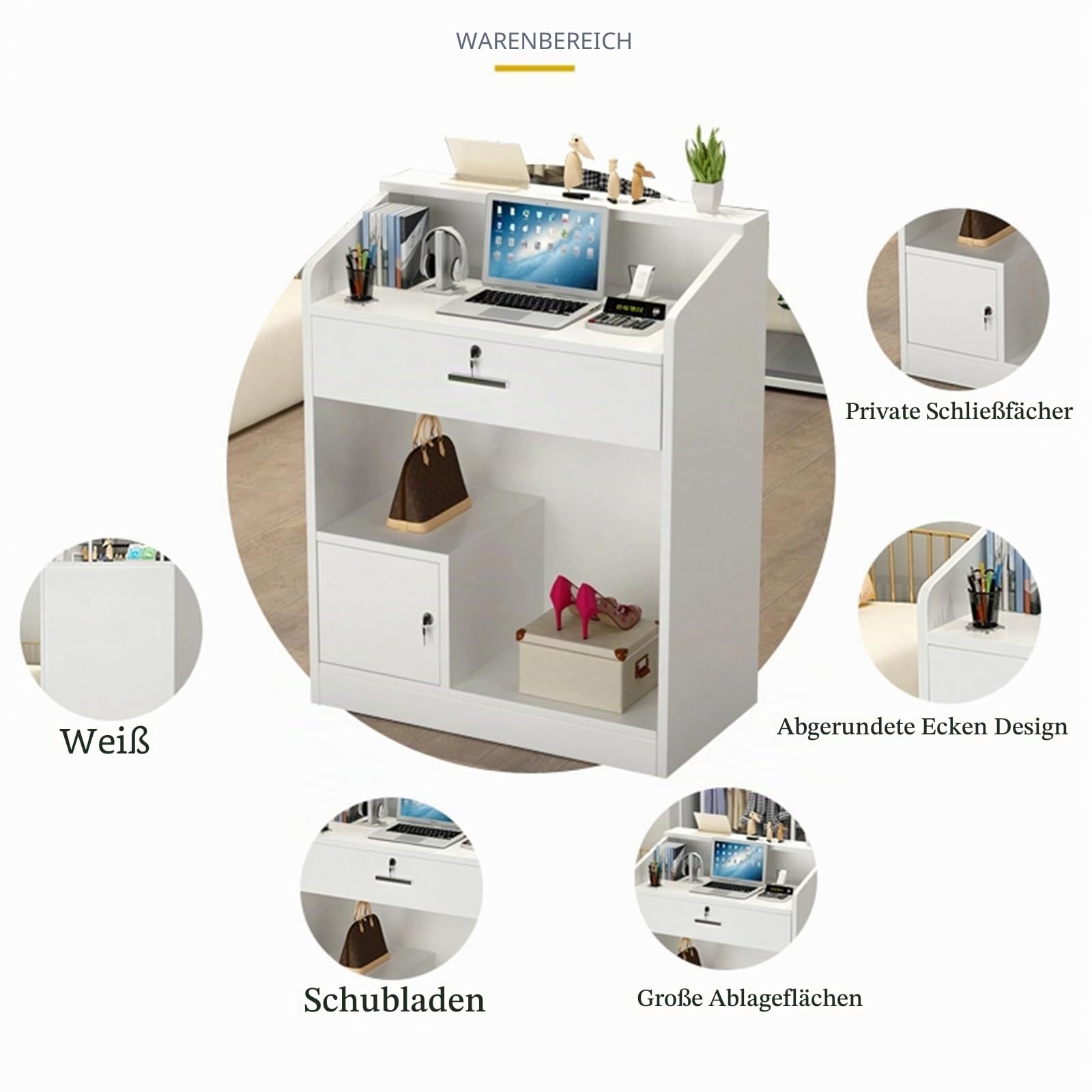 Empfangstheke mit Schubladen & Schrank, Rezeption in weiß, Empfangstresen, Bürotheke, für Firmenhallen, Hotelrezeptionen, Bekleidungsgeschäften, Konditoreien, Obstgeschäften, MDF, 60x40x92cm