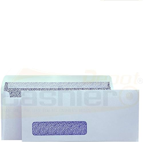 100 sobres de cajero #10 con ventana izquierda, 4 18 x 9 12 pulgadas, tejido blanco de 24 libras, teñido de seguridad, despegar y sellar, 100