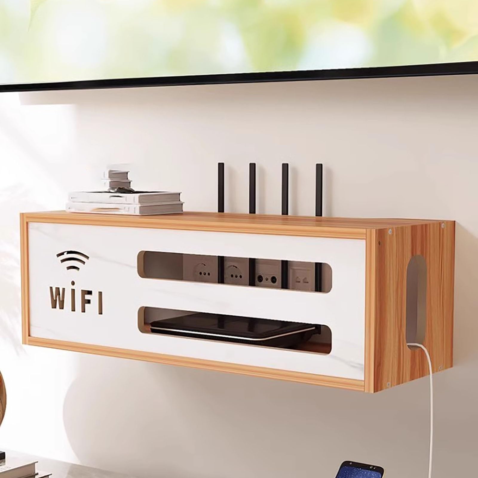 Caja De Almacenamiento WiFi Montada En La Pared,Pared Colgante WiFi Router Caja,Caja de Almacenamiento de enrutador,para Decodificador De Cable De Datos.(Natural)