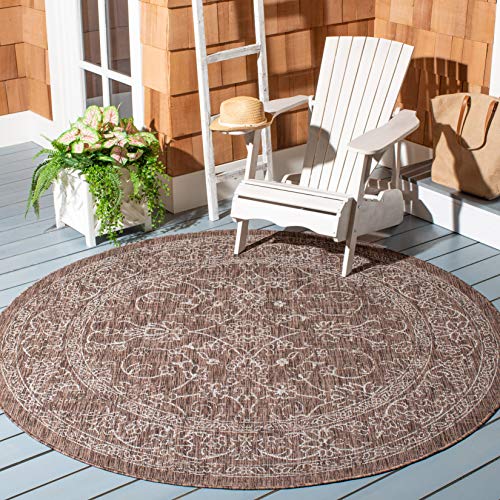 SAFAVIEH Washable Rug Outdoor Courtyard Collection - 5'3" Round, Brown & Ivory, Non-Shedding & Easy Cleaning, Ideal for Patio, Backyard, Mudroom (CY8680-36321)