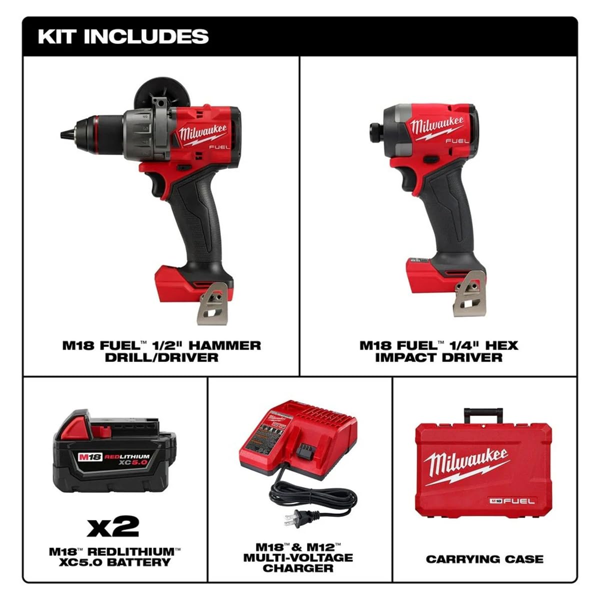 Milwaukee - 3697-22 Kit combinado de taladro percutor inalámbrico sin escobillas de iones de litio de 18 V, 2 herramientas con 2 baterías de 5.0 Ah, cargador y caja de herramientas