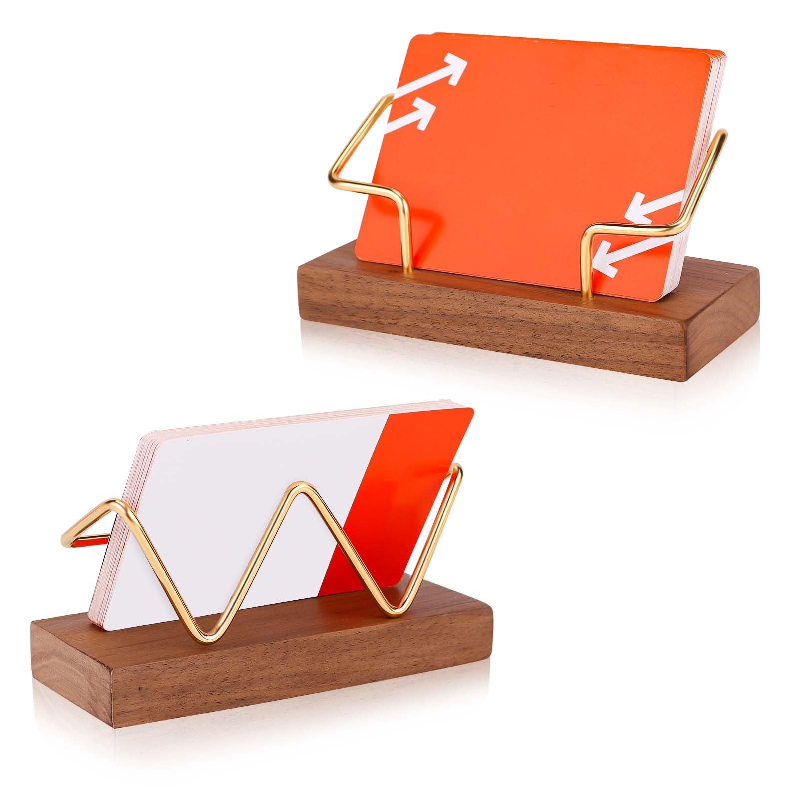 2pcs Wood Business Card Holder, Metal Business Card Display Holders Creative Business Card Stand Golden Name Card Stand for Women Men Office Desktop Counter Conference Tables