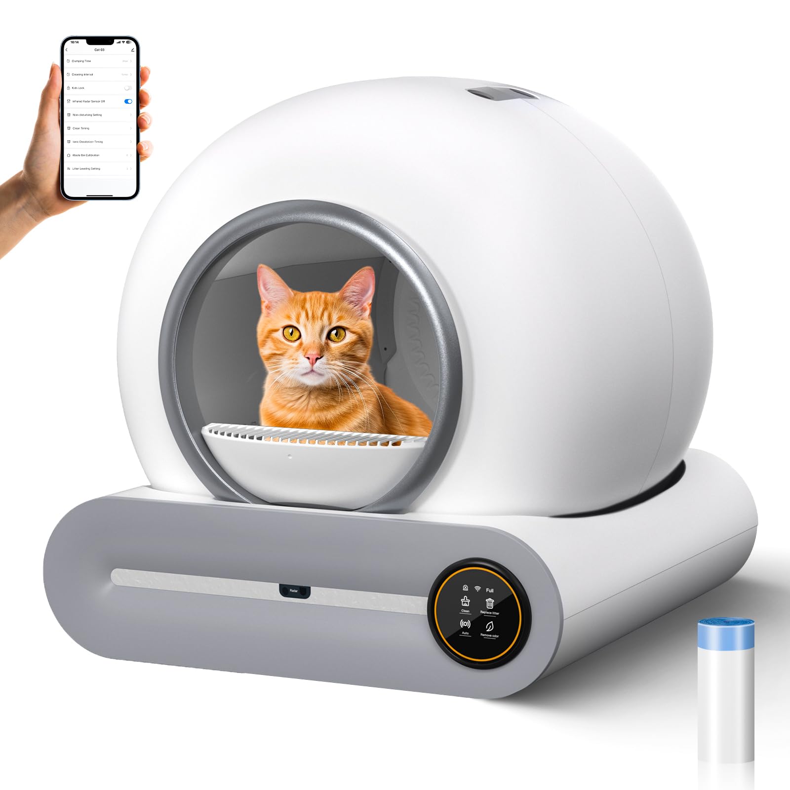 65L/9L Large Capacity Self-Cleaning Cat Litter Box for Multiple Cats, Automatic with App Control, No Scooping Needed, Easy to Clean, Includes Garbage Bag (White)